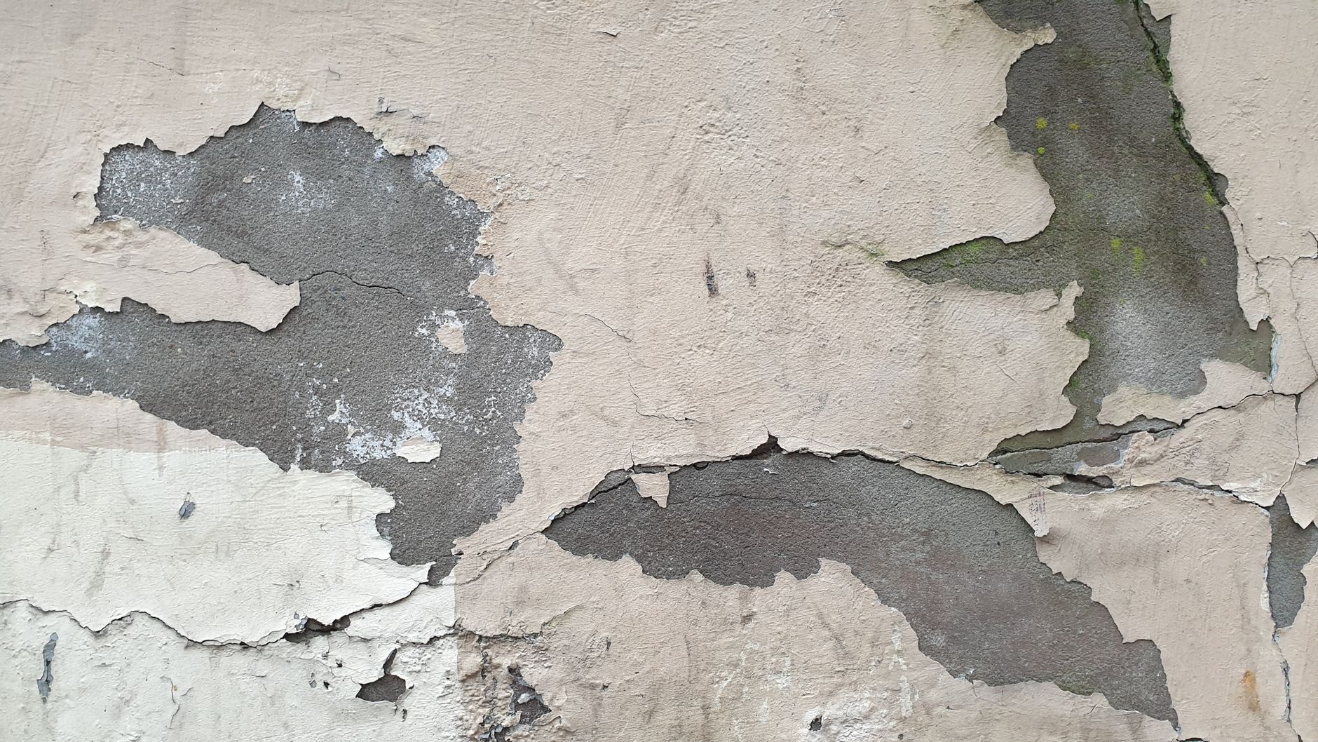 Detailed close-up of a worn-out wall with peeling plaster and visible cracks.