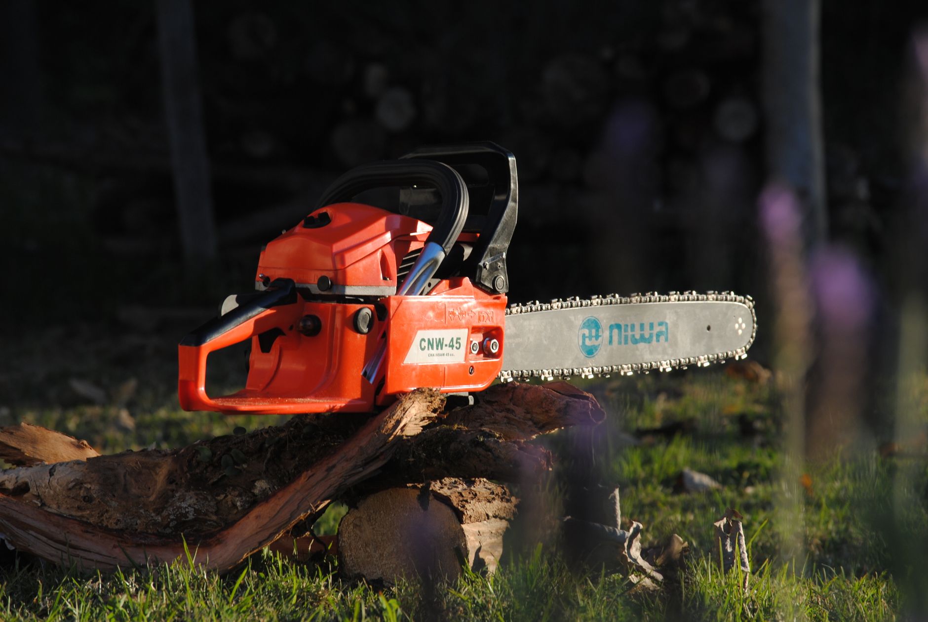 Bright orange chainsaw resting on a wood log outdoors, ideal for forestry or gardening themes.
