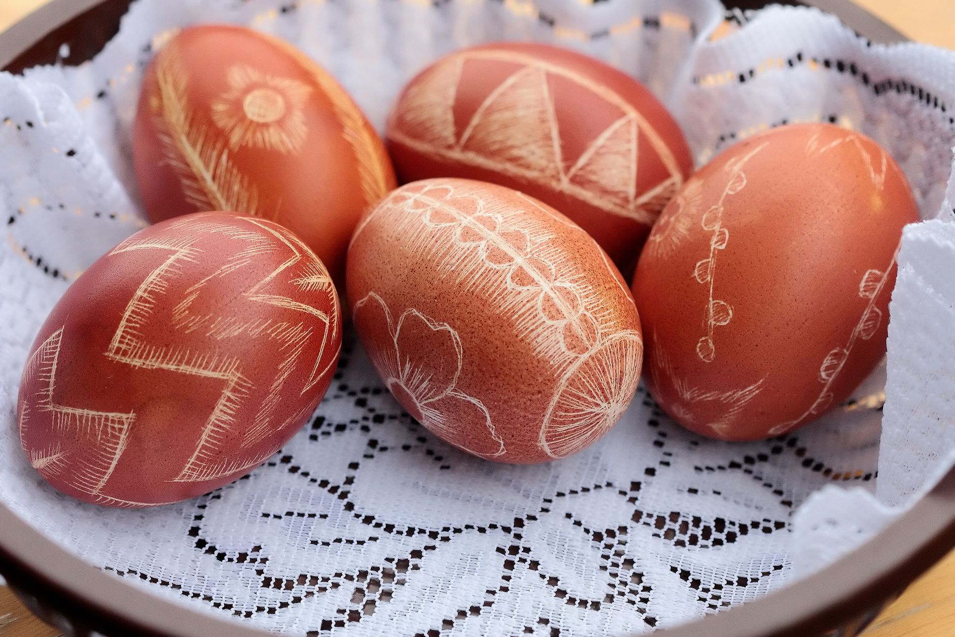 Close-up of intricately patterned Polish Pisanki Easter eggs in a decorative basket.